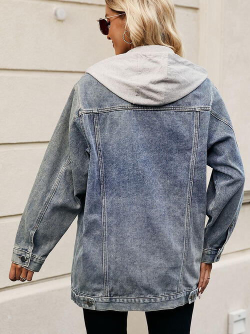 Drawstring Button Up Hooded Denim Jacket   