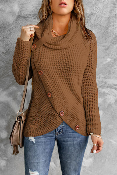 Decorative Button Mock Neck Sweater   