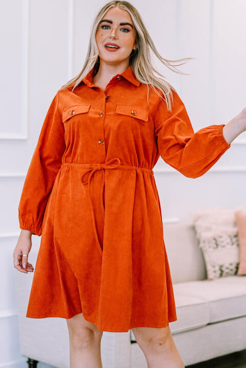 Plus Size Drawstring Collared Neck Dress Orange 1XL 