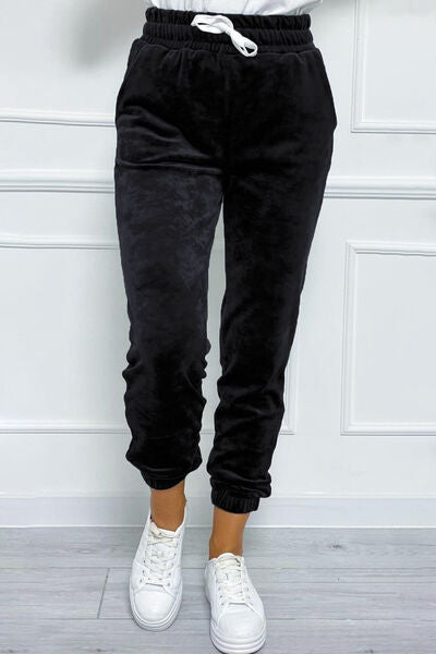 Wide Waistband Drawstring Cropped Joggers Black S 