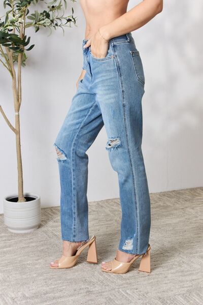 Judy Blue Full Size Distressed Raw Hem Straight Jeans   