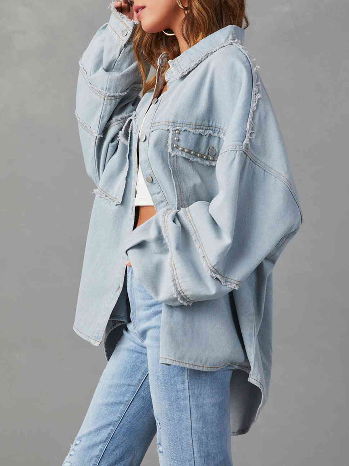 Button Down Raw Hem Denim Jacket   