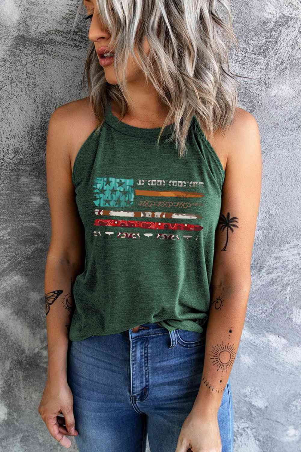 US Flag Graphic Round Neck Tank   