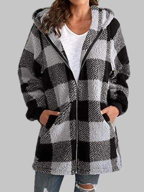 Plaid Zip-Up Hooded Jacket with Pockets Charcoal S 