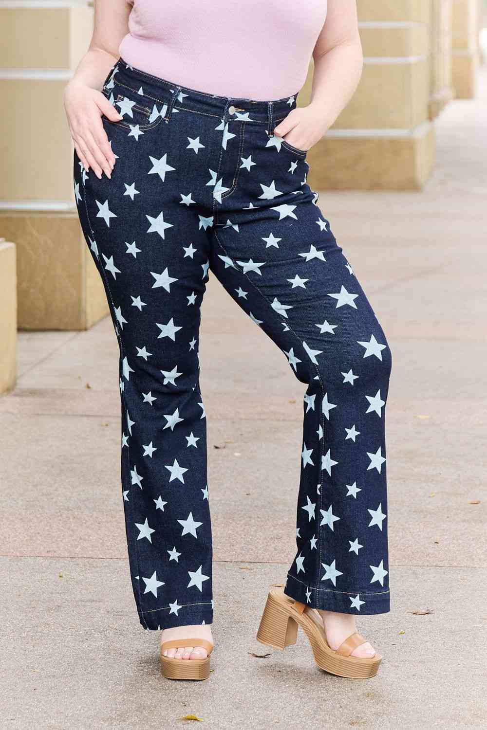 Judy Blue Janelle Full Size High Waist Star Print Flare Jeans Dark 0(24) 