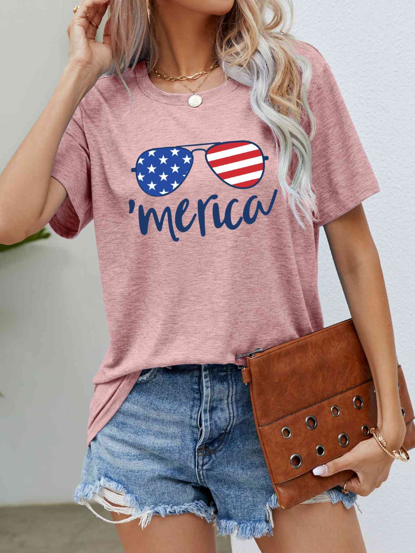 US Flag Glasses Graphic Tee Blush Pink S 