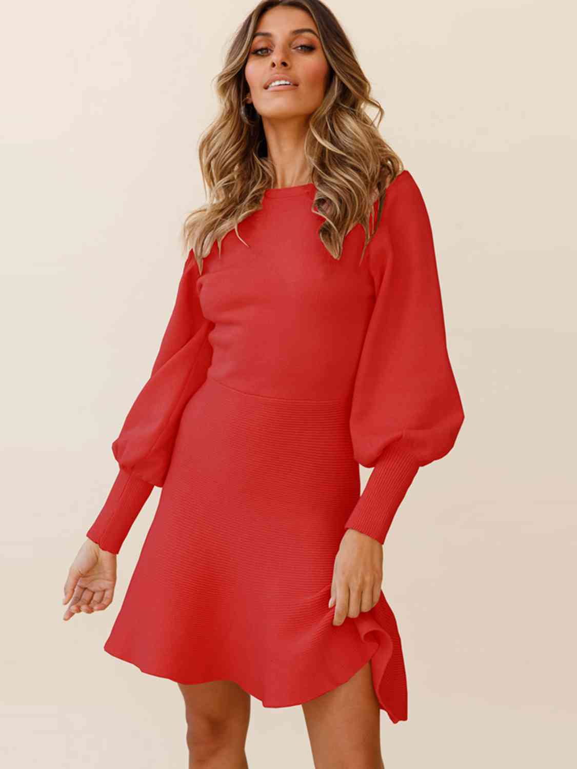 Round Neck Lantern Sleeve Sweater Dress Deep Red S 