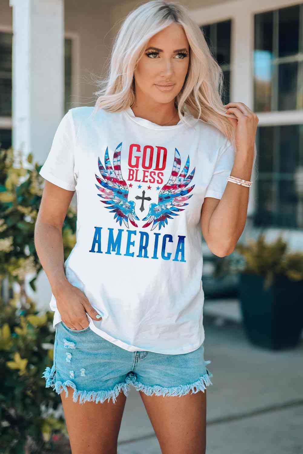 GOD BLESS AMERICA Cuffed Tee Shirt White S 