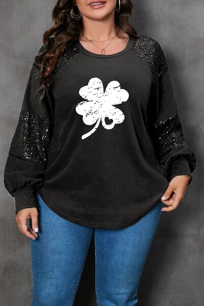 Plus Size Lucky Clover Sequin Round Neck Blouse Black 1X 