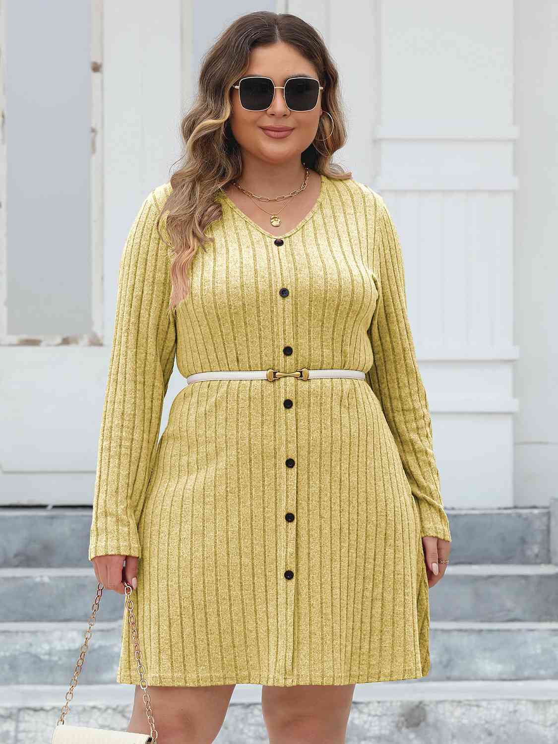 Plus Size Ribbed Buttoned V-Neck Long Sleeve Dress Banana Yellow L 