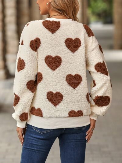 Fuzzy Heart Dropped Shoulder Sweatshirt   