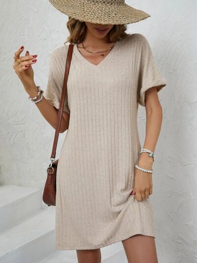 Ribbed V-Neck Short Sleeve Dress Khaki S 