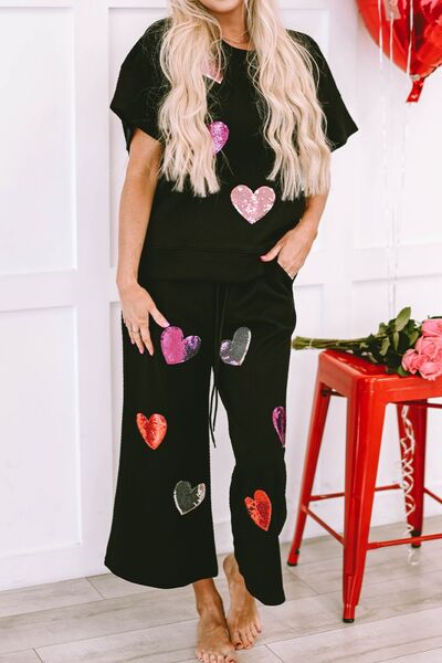 Heart Sequin Short Sleeve Top and Drawstring Pants Lounge Set Black S 