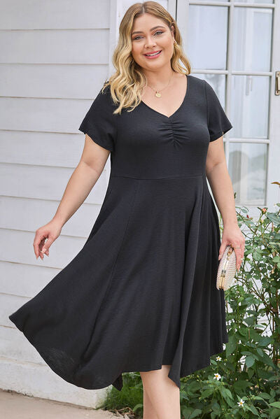 Plus Size Ruched Crisscross V-Neck Short Sleeve Dress   