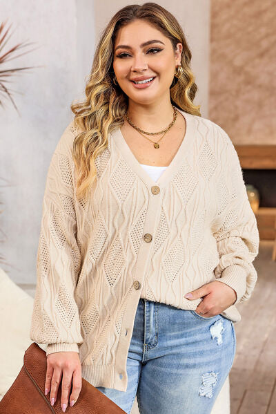 Plus Size Cable-Knit Button Up Sweater Ivory 1XL 