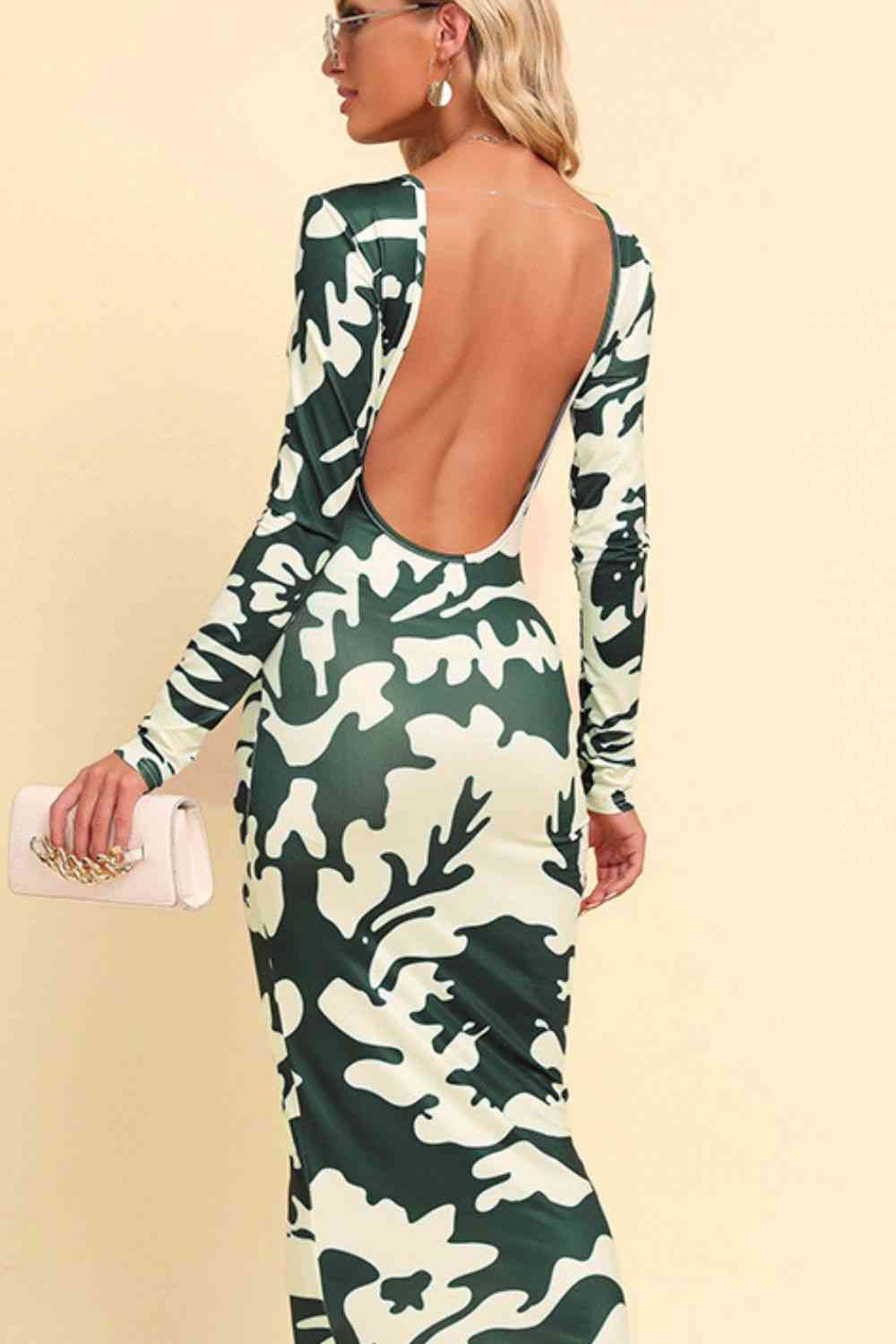 Printed Backless Long Sleeve Maxi Dress   