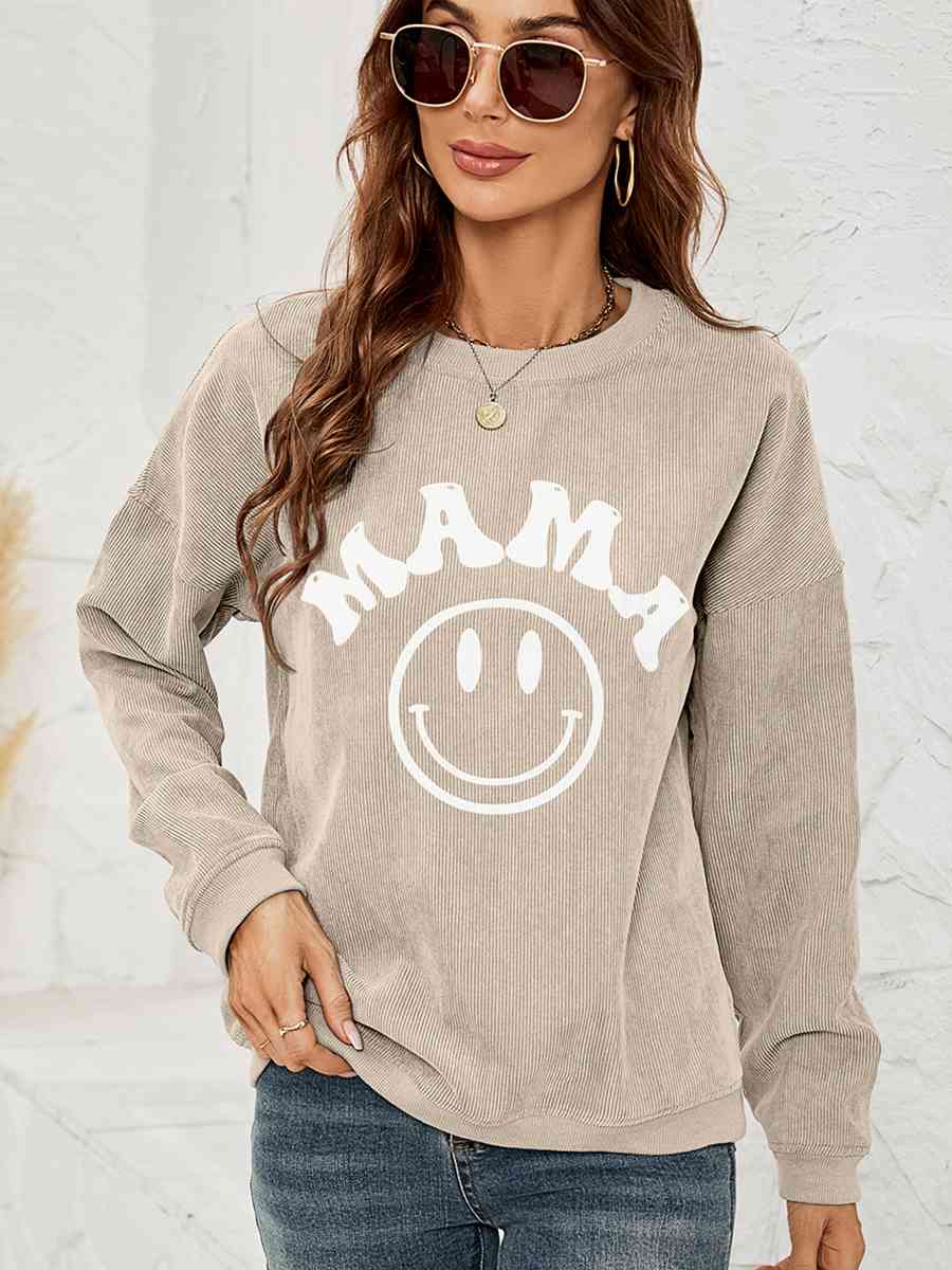 Round Neck Long Sleeve MAMA Graphic Sweatshirt Sand S 