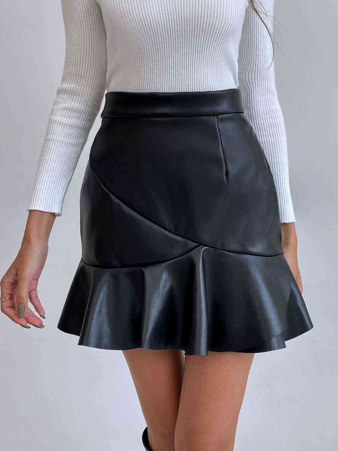 Ruffled PU Mini Skirt Black S 