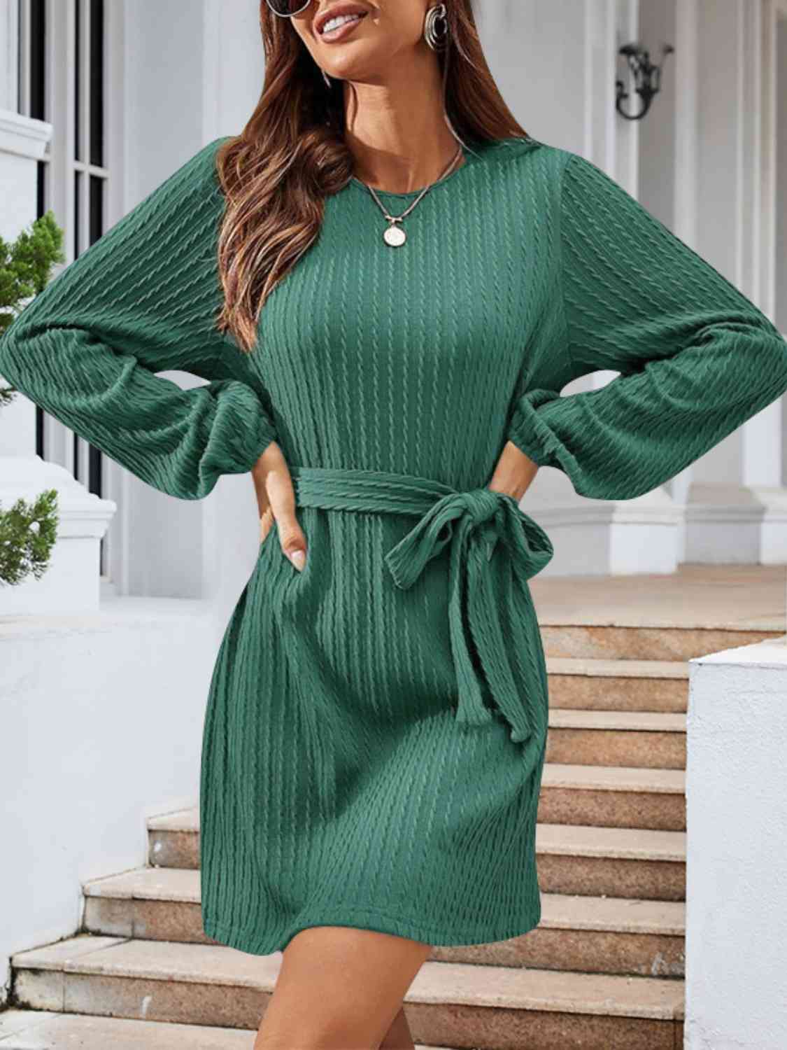 Round Neck Tie Front Long Sleeve Dress Teal S 